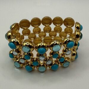 Scaasi Gold Tone & Turquoise Stone Wide Stretch Bracelet Statement Designer